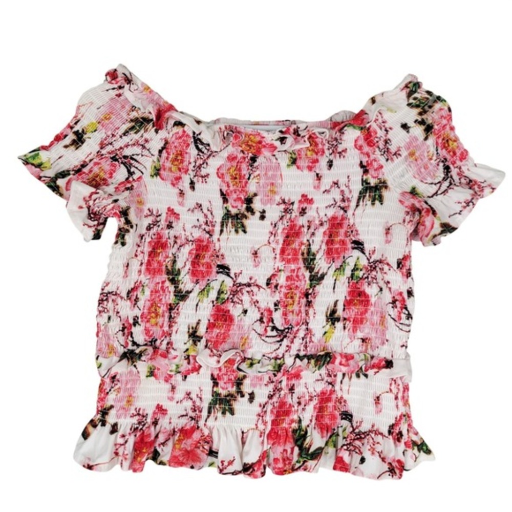 Hot Kiss Smocked Floral Top Womens Large Pink Off Shoulder Ruffle ODT3682